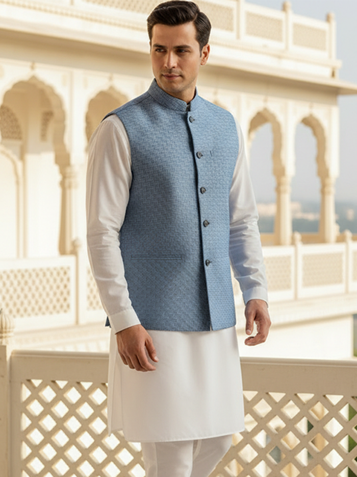 Blue Printed Poly Cotton Modi Jacket