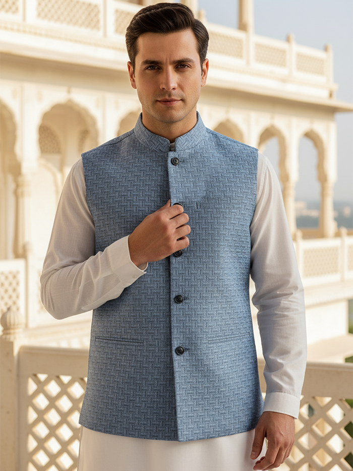 Blue Printed Poly Cotton Modi Jacket