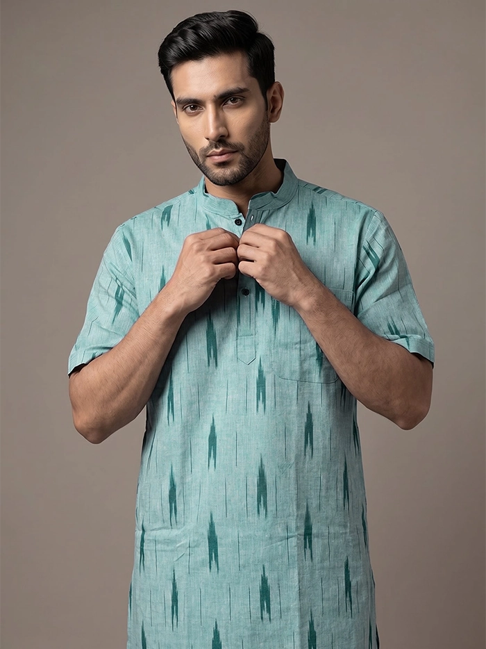 Mist Green Organic Cotton Ikkat Half Sleeves Men Kurta