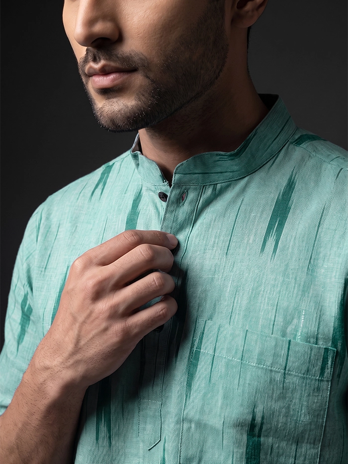 Mist Green Organic Cotton Ikkat Half Sleeves Men Kurta