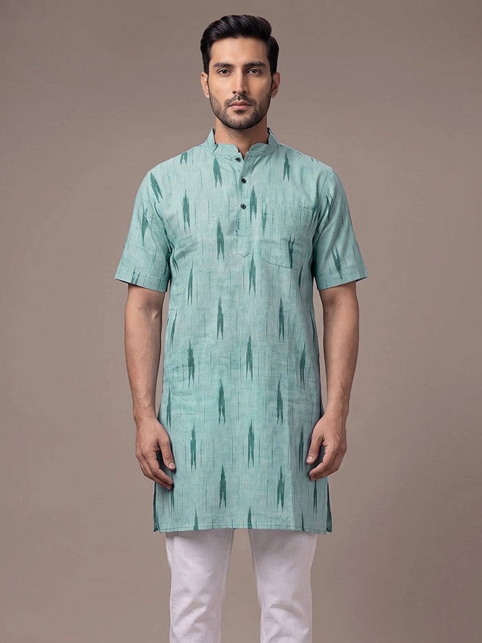 Mist Green Organic Cotton Ikkat Half Sleeves Men Kurta