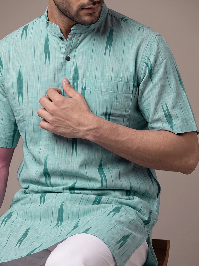 Mist Green Organic Cotton Ikkat Half Sleeves Men Kurta