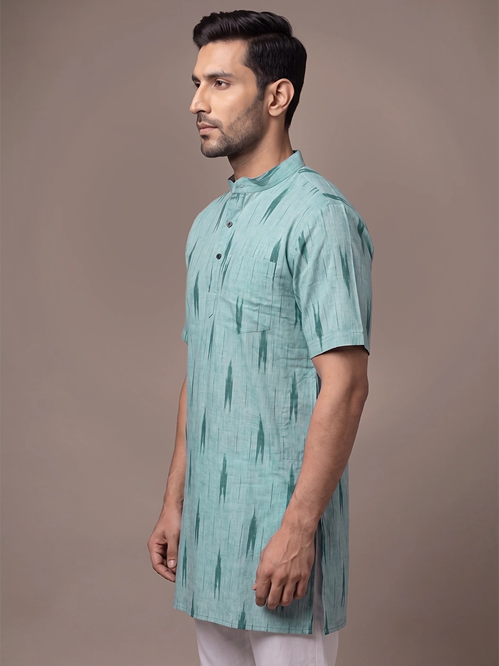 Mist Green Organic Cotton Ikkat Half Sleeves Men Kurta