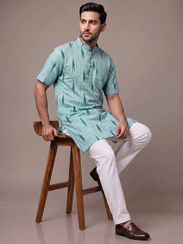Mist Green Organic Cotton Ikkat Half Sleeves Men Kurta