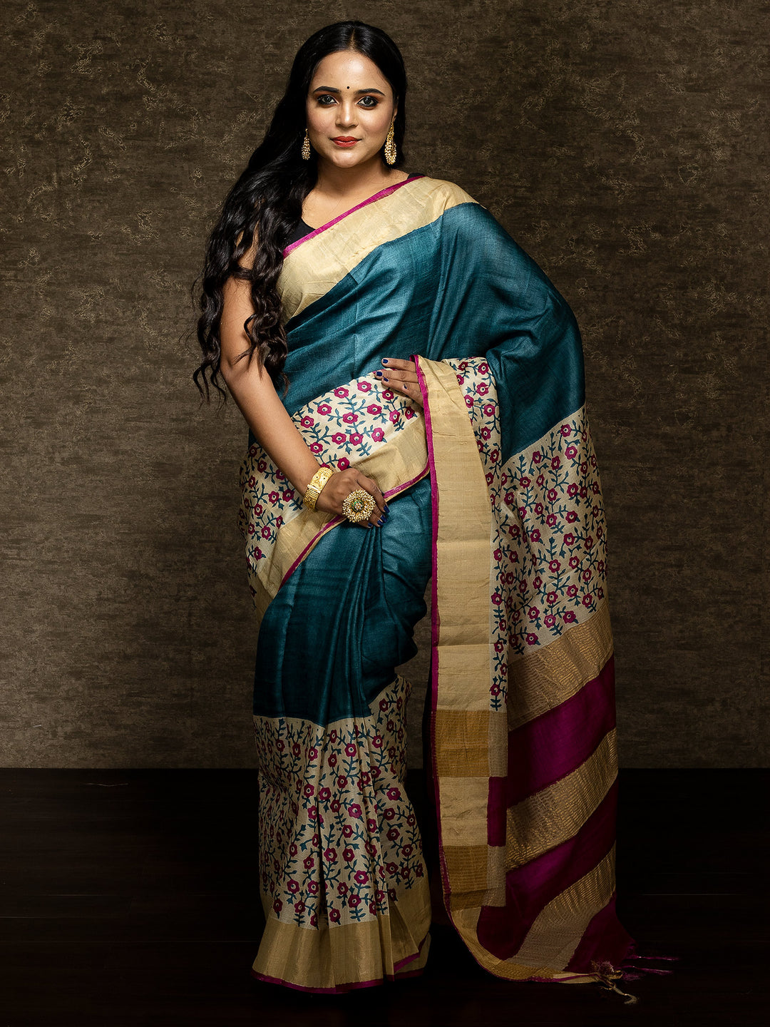 Multi Color Par Anchal Block Printed Tussar Silk Saree