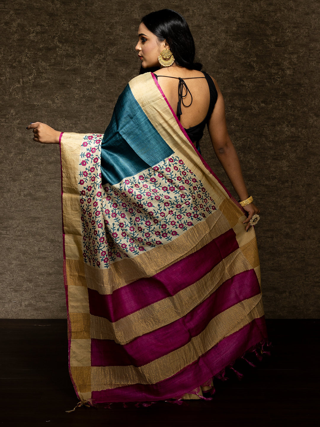Multi Color Par Anchal Block Printed Tussar Silk Saree