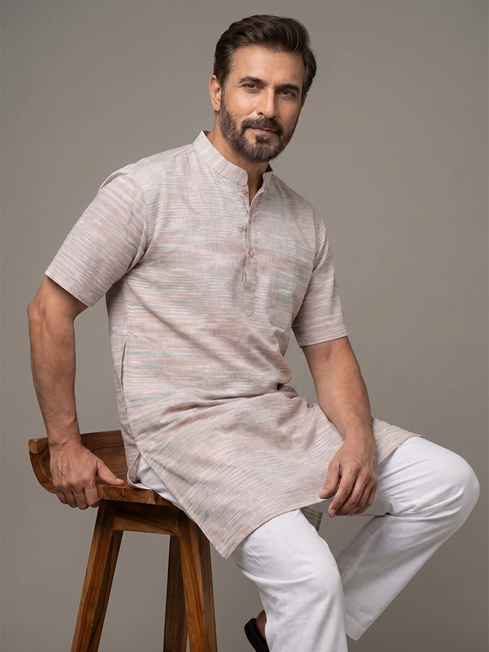 Multi Color Springs Organic Cotton Half Sleeves Men Kurta