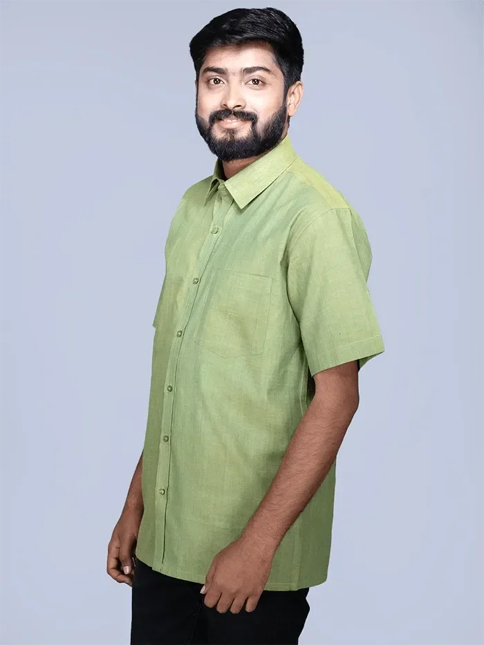 Olive Green Dual Tone Organic Cotton Formal Men Shirt - WeaversIndia