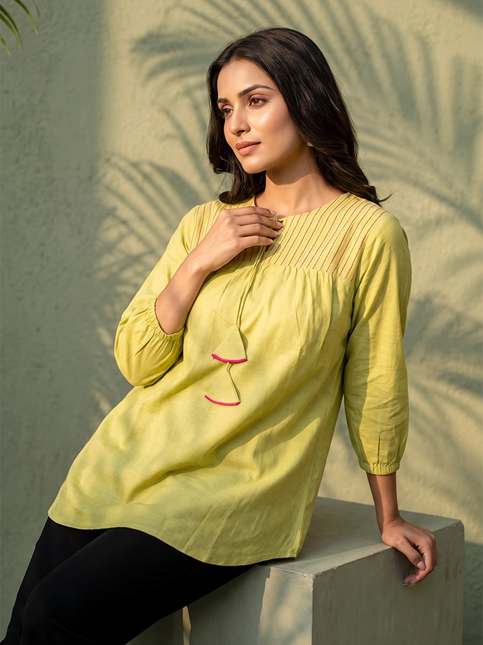 Olive Pintuck Straw Handwoven Organic Cotton Top
