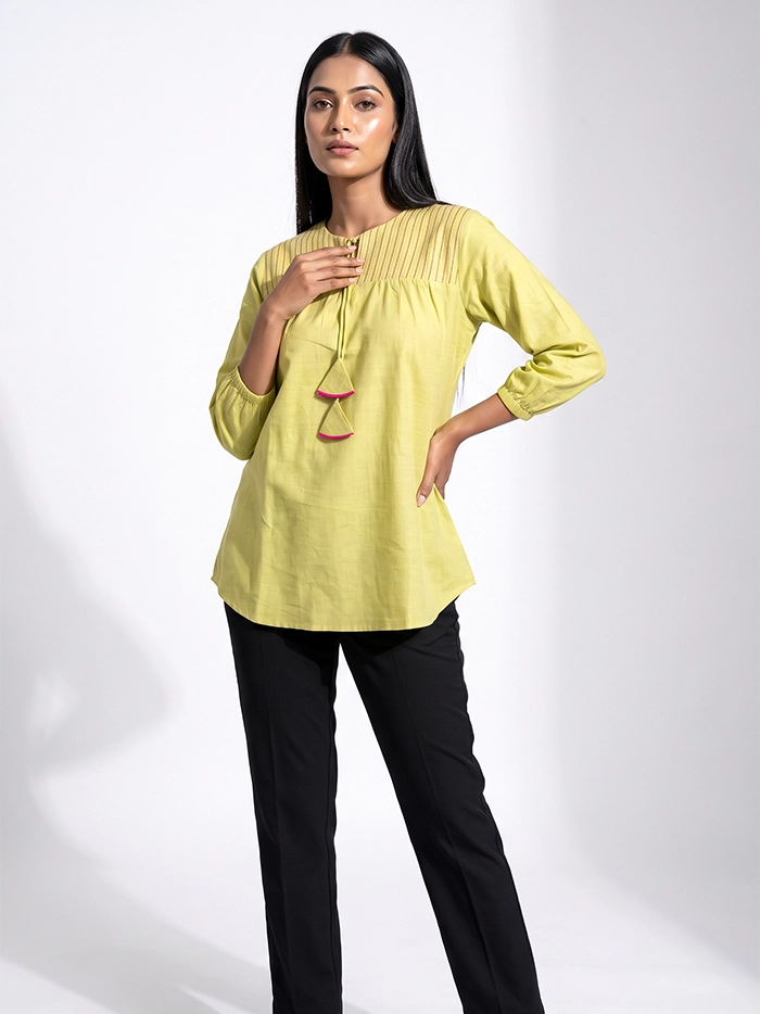 Olive Pintuck Straw Handwoven Organic Cotton Top