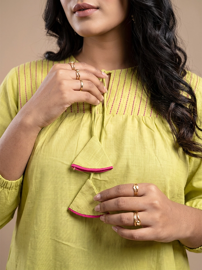 Olive Pintuck Straw Handwoven Organic Cotton Top