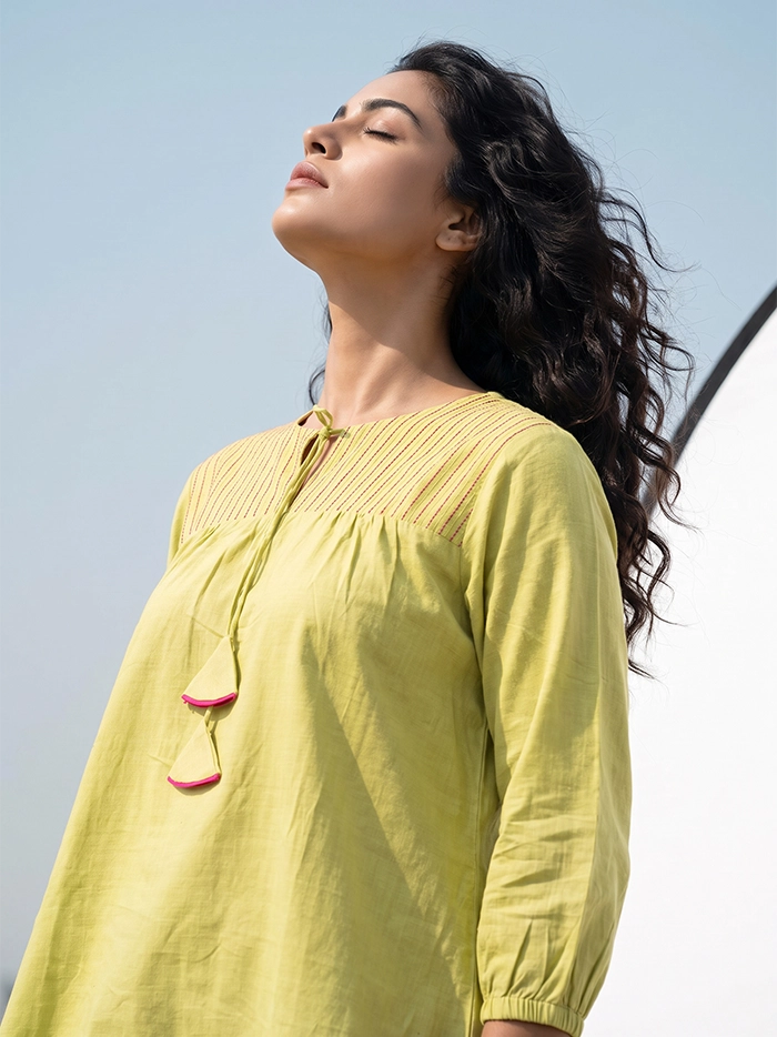 Olive Pintuck Straw Handwoven Organic Cotton Top