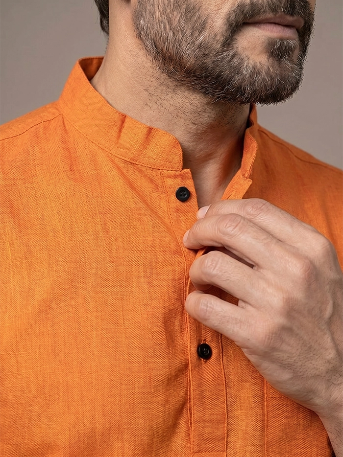 Orange Duel Tone Organic Cotton Half Sleeves Men Kurta