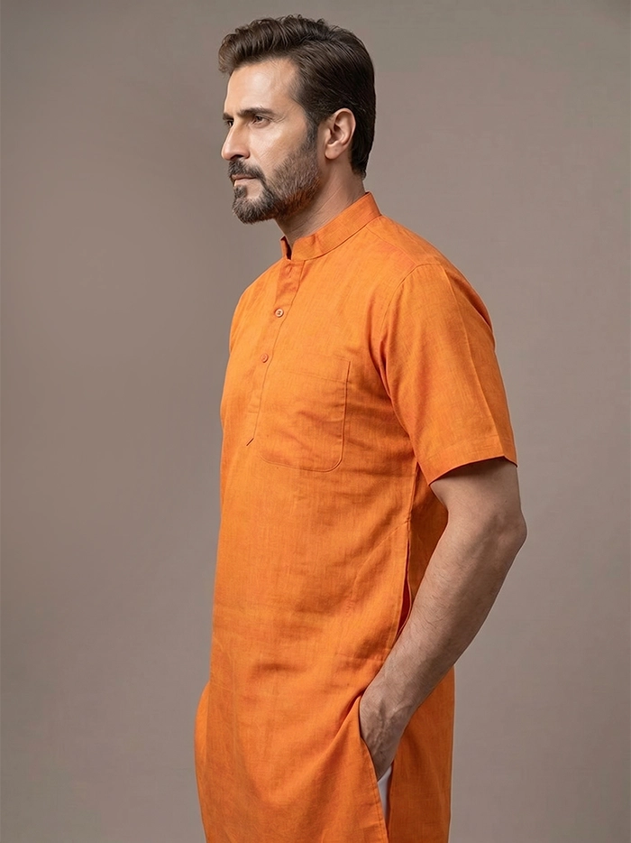 Orange Duel Tone Organic Cotton Half Sleeves Men Kurta