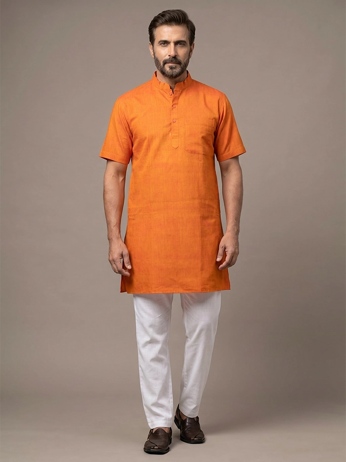 Orange Duel Tone Organic Cotton Half Sleeves Men Kurta