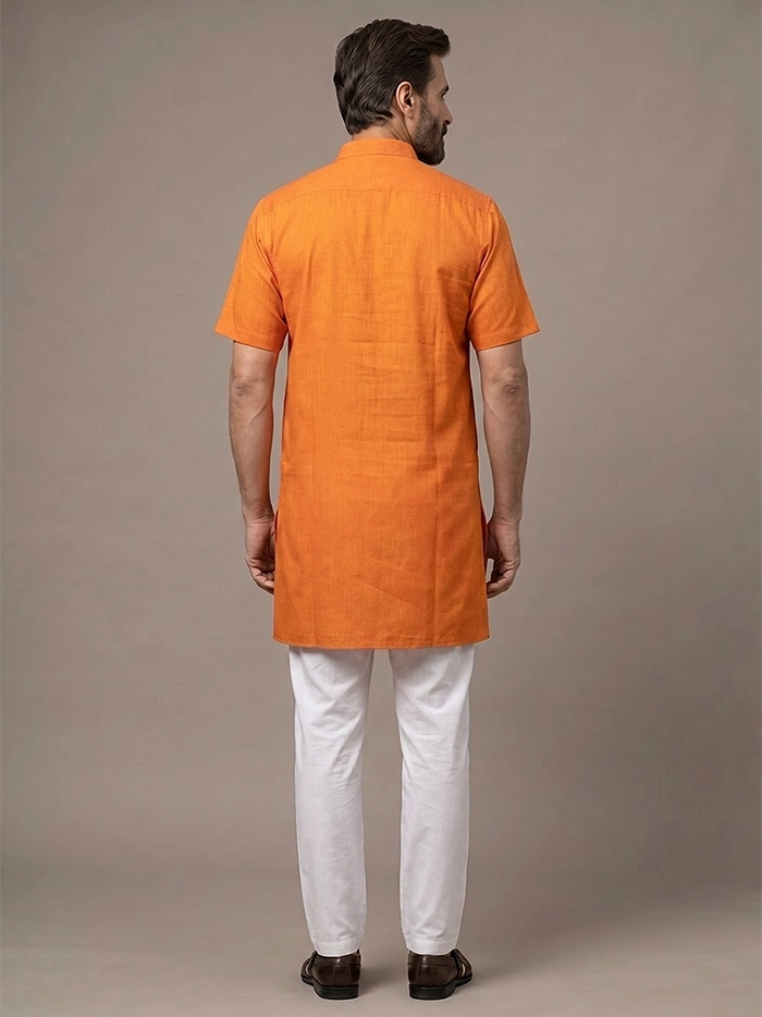 Orange Duel Tone Organic Cotton Half Sleeves Men Kurta