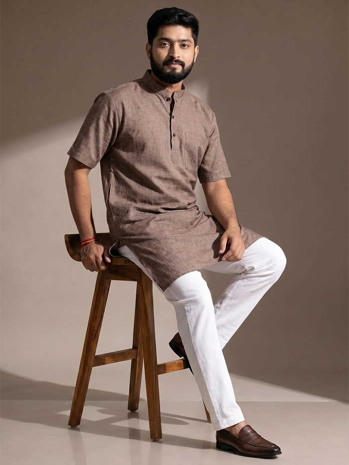 Organic Cotton Brown Half Sleeves Men Kurta