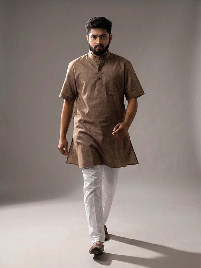 Organic Cotton Brown Half Sleeves Men Kurta