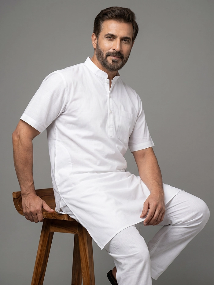 Organic Cotton White Half Sleeves Men Kurta