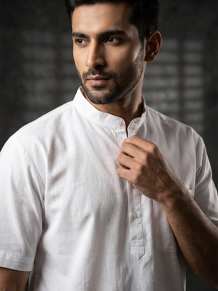 Organic Cotton White Half Sleeves Men Kurta