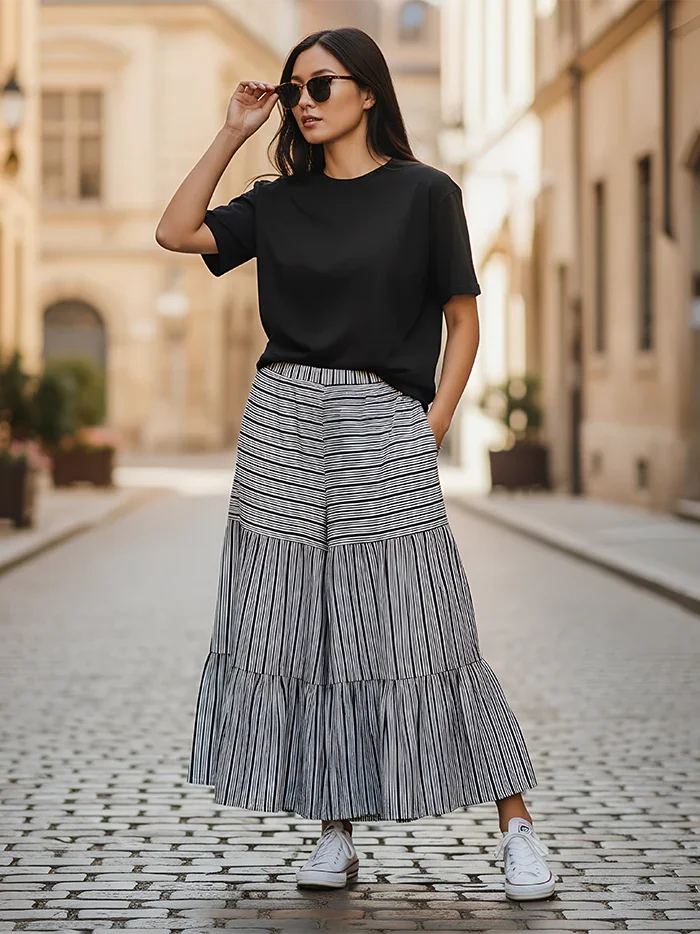 Striped Printed Handwoven Organic Cotton Sharara Pant - WeaversIndia
