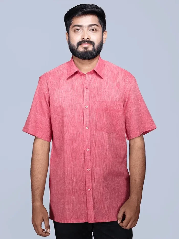 Red Handwoven Organic Cotton Formal Men Shirt - WeaversIndia