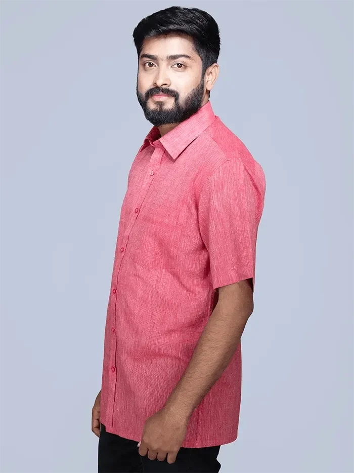 Red Handwoven Organic Cotton Formal Men Shirt - WeaversIndia