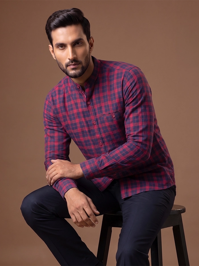 Red Handwoven Organic Cotton Checks Fitted Men Shirt