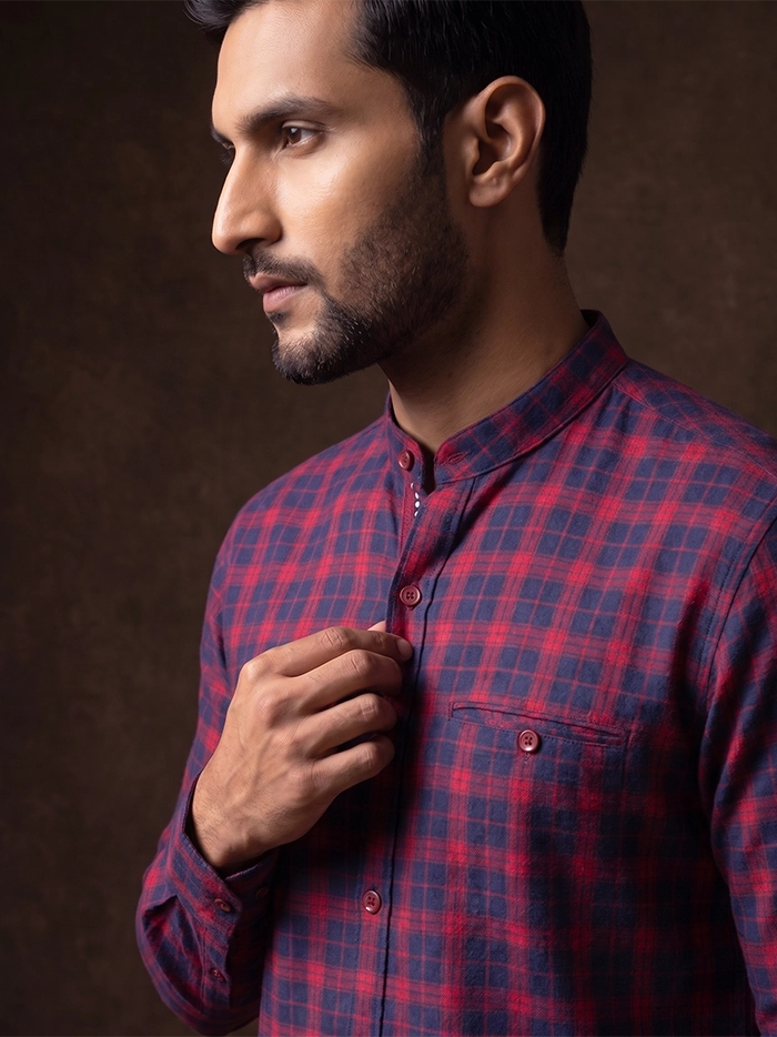 Red Handwoven Organic Cotton Checks Fitted Men Shirt