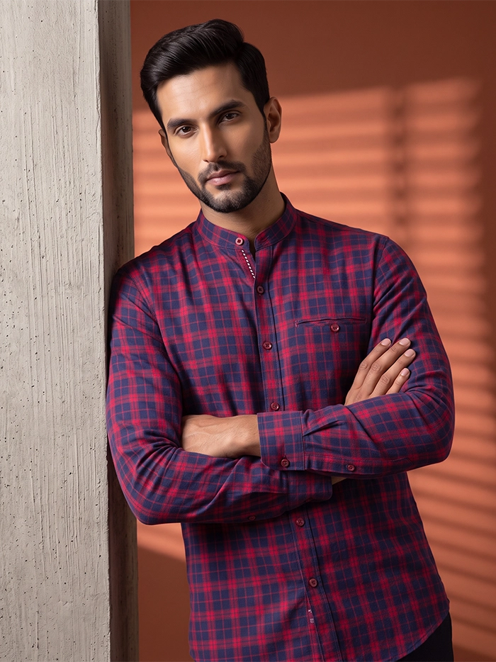 Red Handwoven Organic Cotton Checks Fitted Men Shirt