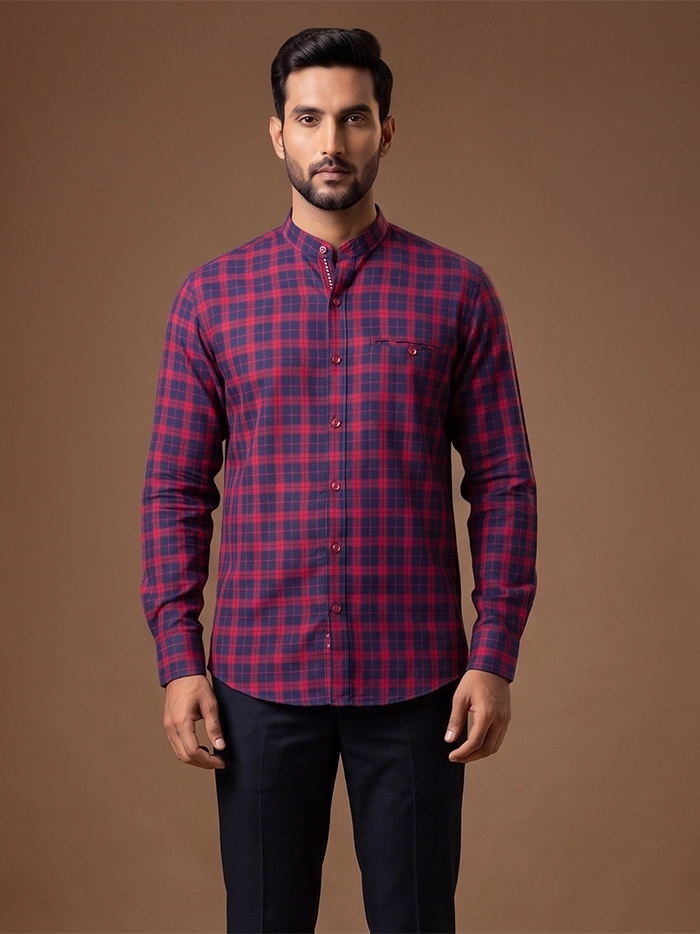 Red Handwoven Organic Cotton Checks Fitted Men Shirt