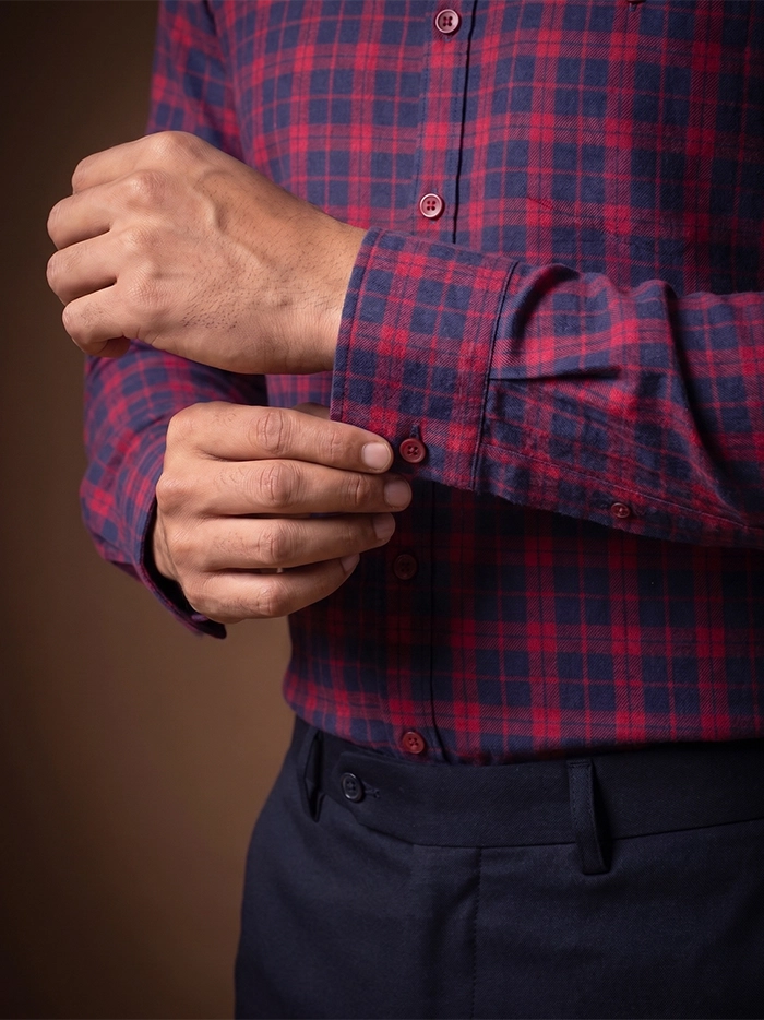 Red Handwoven Organic Cotton Checks Fitted Men Shirt