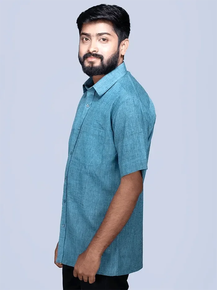 Sky Blue Black Dual Tone Handwoven Organic Cotton Formal Men Shirt - WeaversIndia