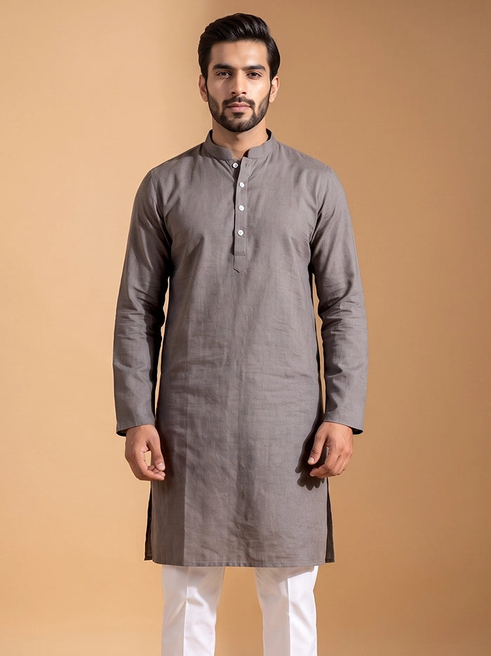 Taupe Grey Organic Cotton Full Sleeves Men Kurta