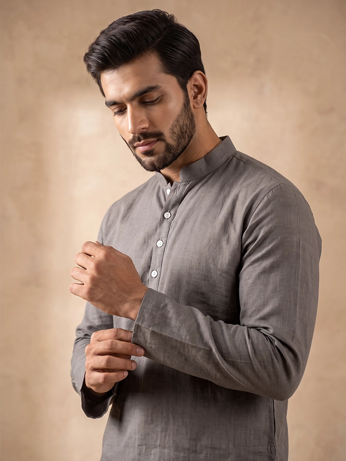 Taupe Grey Organic Cotton Full Sleeves Men Kurta