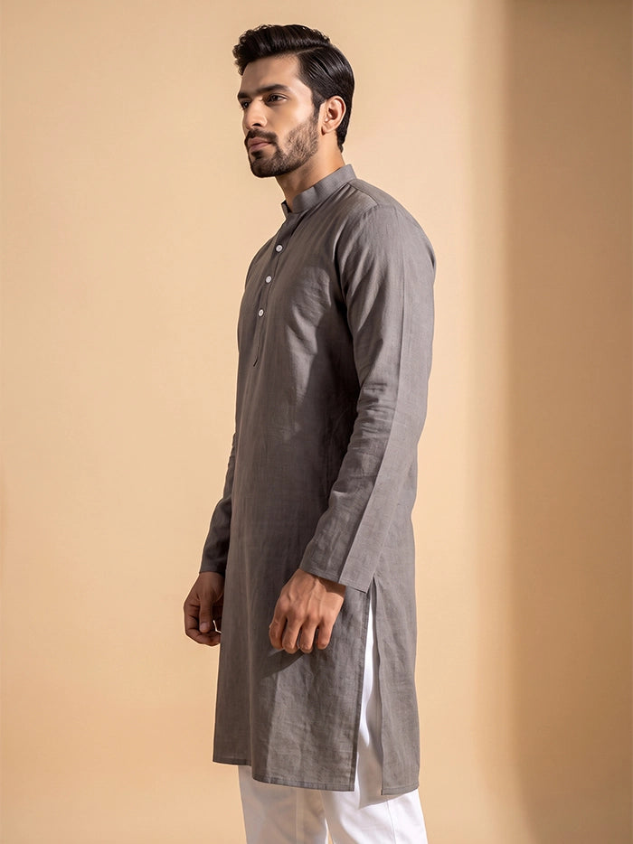 Taupe Grey Organic Cotton Full Sleeves Men Kurta