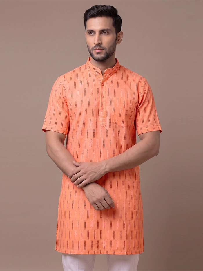 Terracotta Orange Organic Cotton Ikkat Half Sleeves Men Kurta