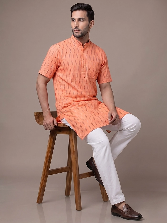 Terracotta Orange Organic Cotton Ikkat Half Sleeves Men Kurta