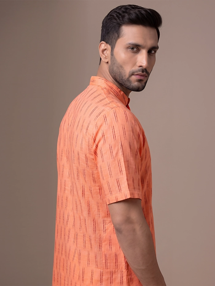 Terracotta Orange Organic Cotton Ikkat Half Sleeves Men Kurta