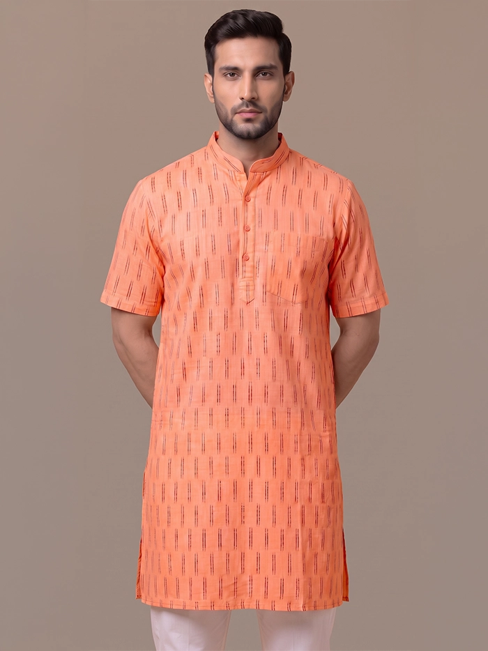 Terracotta Orange Organic Cotton Ikkat Half Sleeves Men Kurta