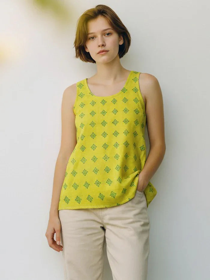 Yellow Printed Handwoven Cotton Top - WeaversIndia