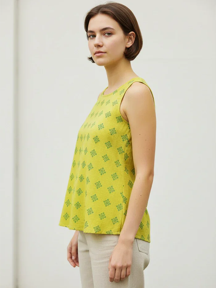 Yellow Printed Handwoven Cotton Top - WeaversIndia