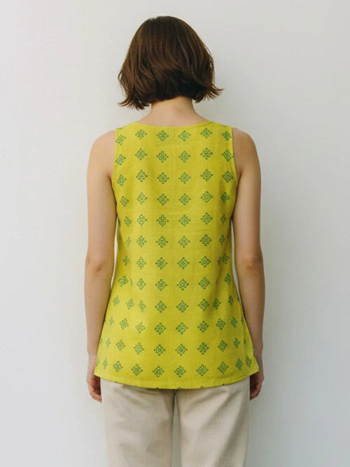 Yellow Printed Handwoven Cotton Top - WeaversIndia