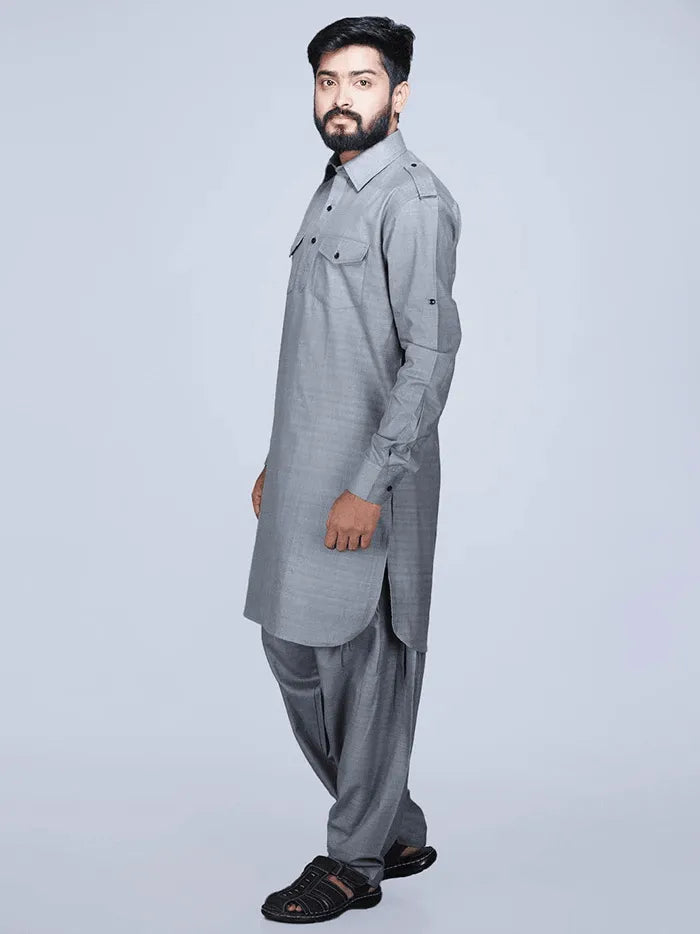 Slate Grey Organic Cotton Men Pathani Kurta Pajama Set