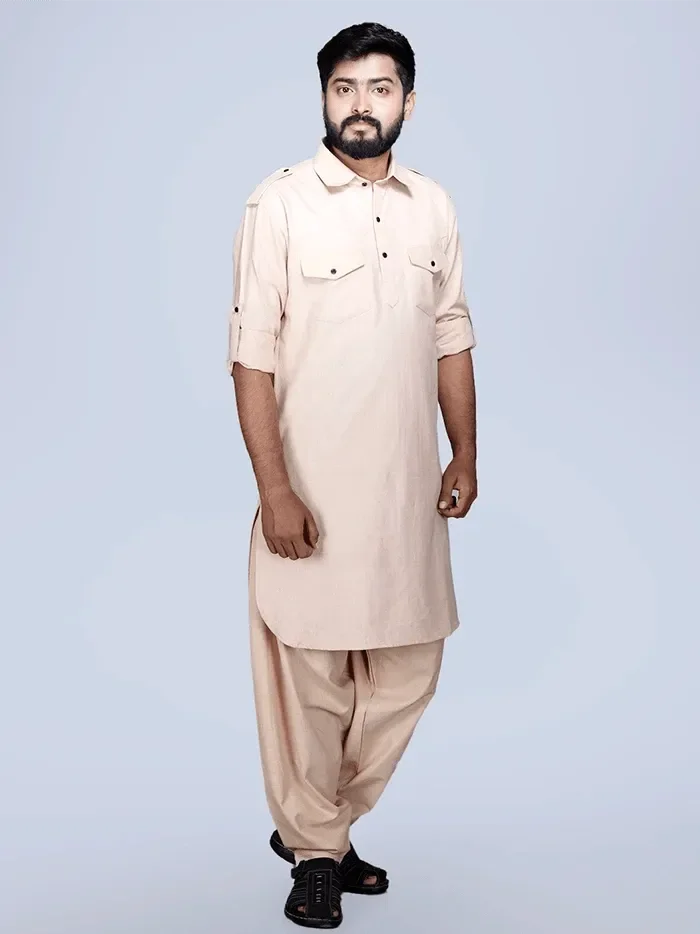 Bisque Organic Cotton Men Pathani Kurta Pajama Set - WeaversIndia