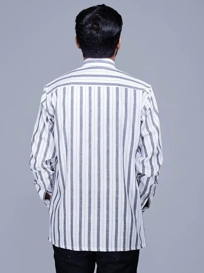 White Black Striped Handwoven Cotton Men Full Sleeves Shirt - WeaversIndia