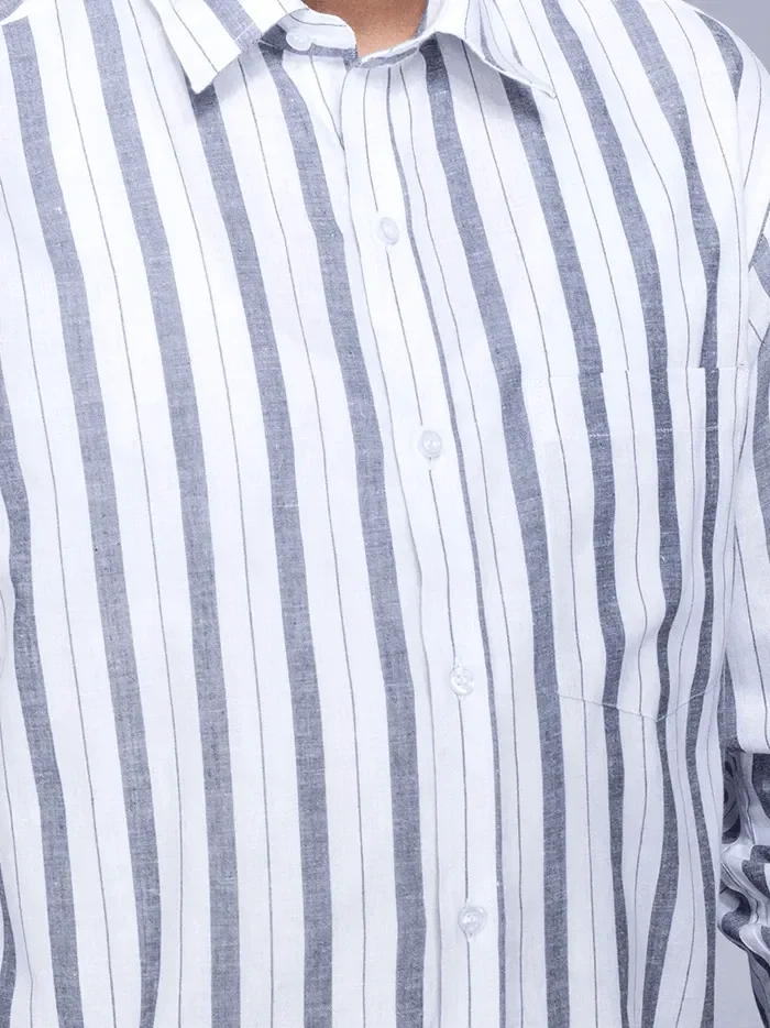 White Black Striped Handwoven Cotton Men Full Sleeves Shirt - WeaversIndia
