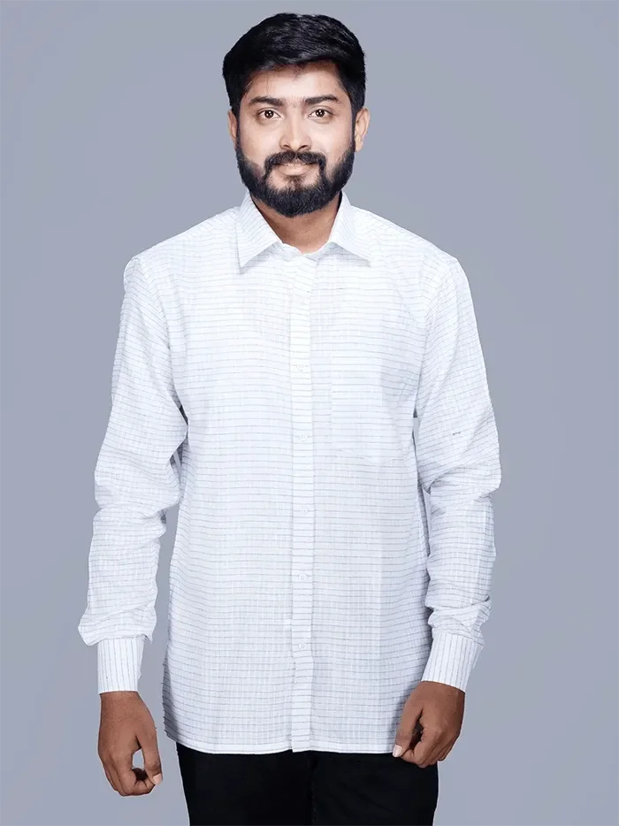 White Blue Checks Handwoven Cotton Men Full Sleeves Shirt - WeaversIndia