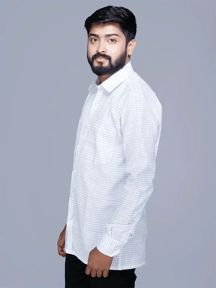 White Blue Checks Handwoven Cotton Men Full Sleeves Shirt - WeaversIndia