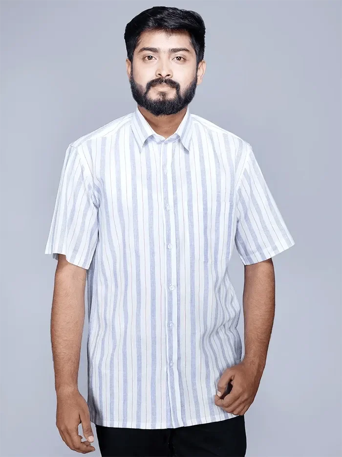 White Blue Handwoven Organic Cotton Striped Men Shirt - WeaversIndia